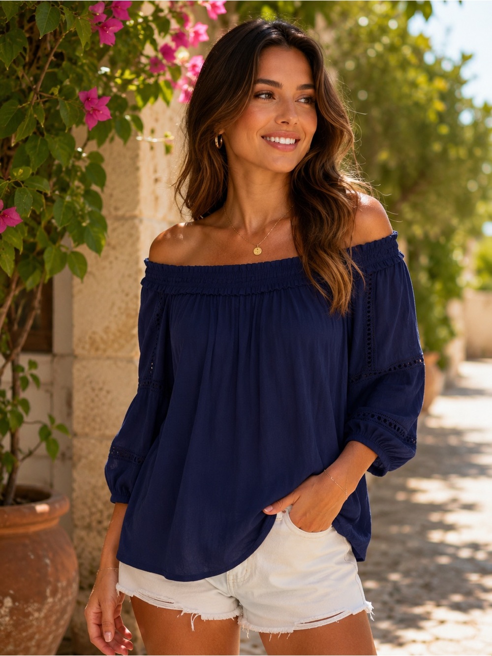 57A. LOFT Navy Off-Shoulder Peasant Blouse